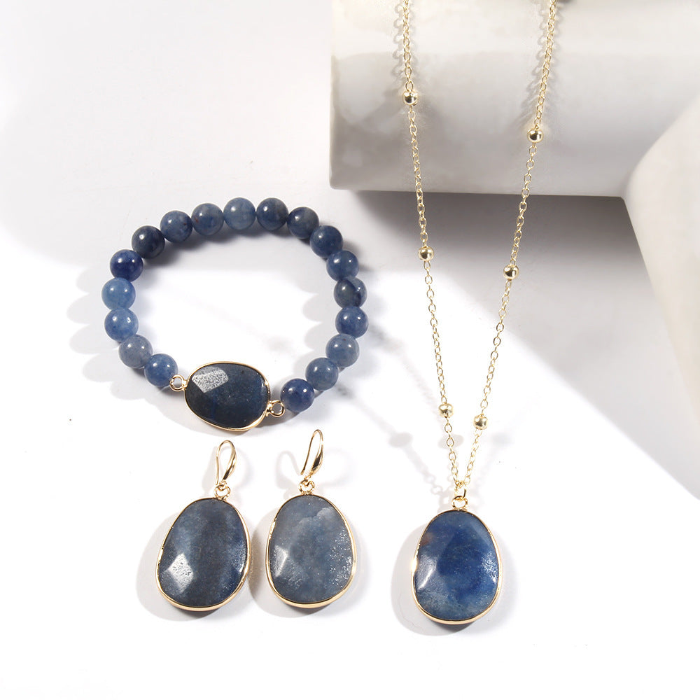 Gold Chain Necklace Natural Stone Bracelet Earrings Women's Jewelry Set
