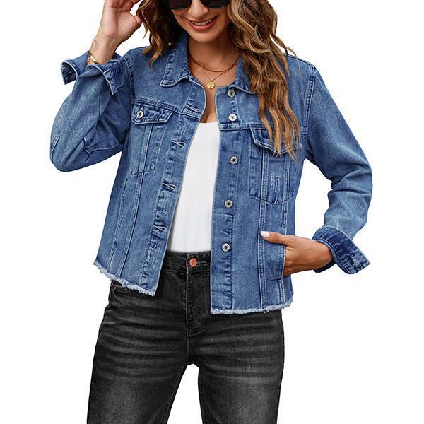 Female Solid Color Casual Embossed Denim Jacket Button Top