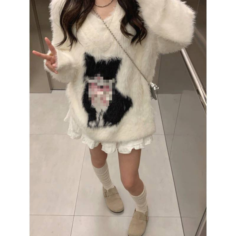 Cat Jacquard Artificial Mink Hair V-neck Sweater