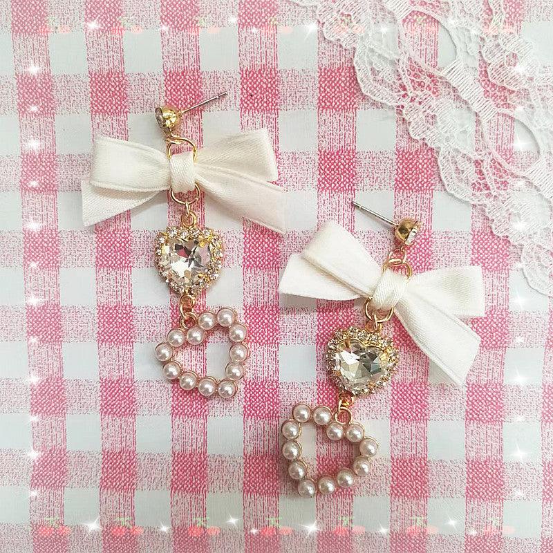 Japanese Style Sweet And Cute Bow For Cute Girl Rhinestone Earrings