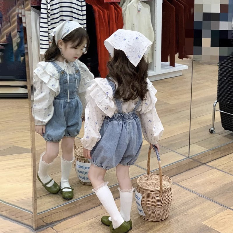 Children's Clothing Girls' Denim Brace Shorts Long-sleeved Floral Shirt