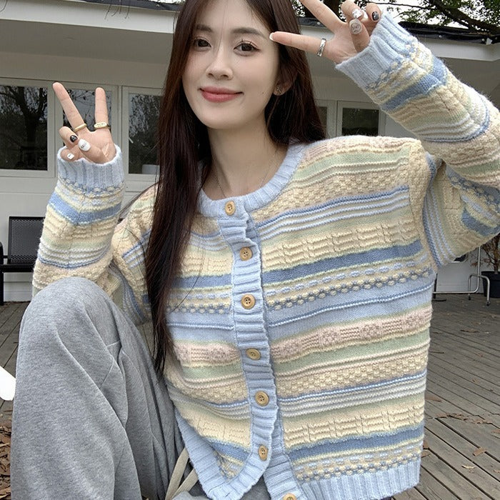 Women's Loose Striped All-matching Knitted Sweater Cardigan Coat