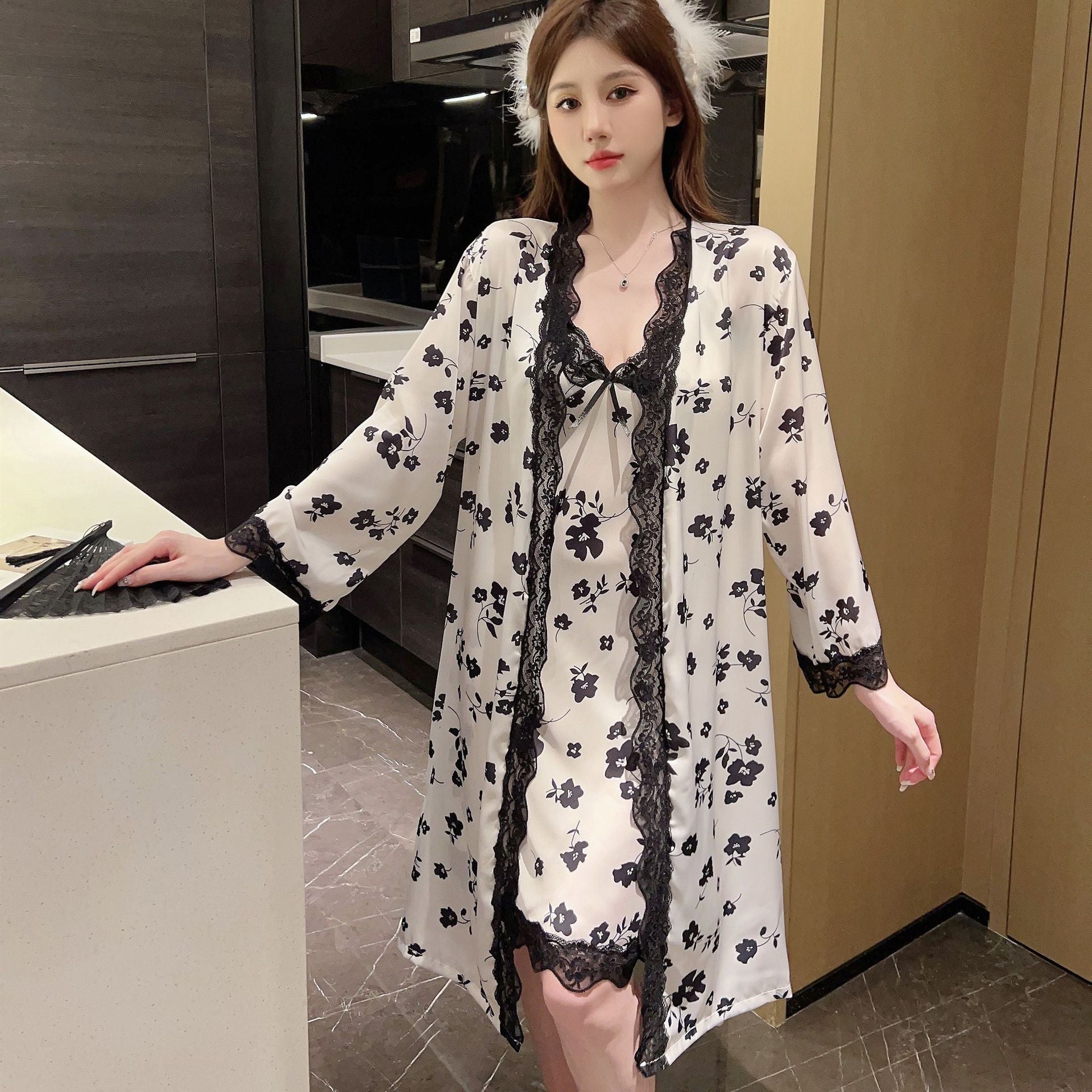Women's Ice Silk Pajamas With Chest Pad Thin Robe Nightdress Two-piece Suit