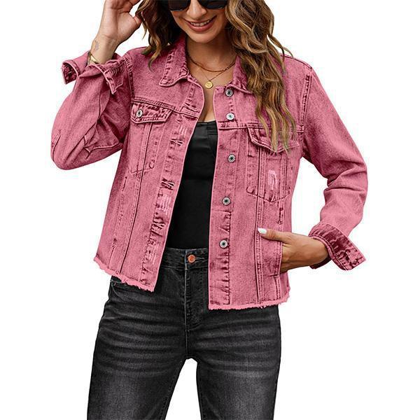 Female Solid Color Casual Embossed Denim Jacket Button Top