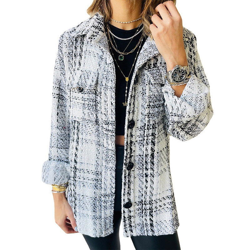 Women's Lapel Loose Button Long Sleeve Plaid Jacket