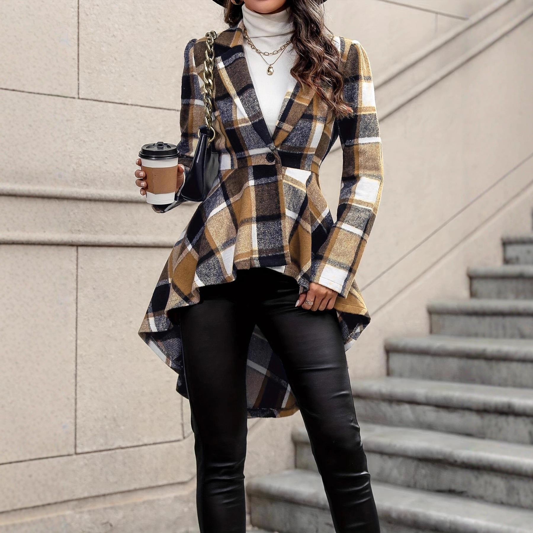Plaid Pattern Button Front Jacket Long Sleeve High And Low Flared Jacket