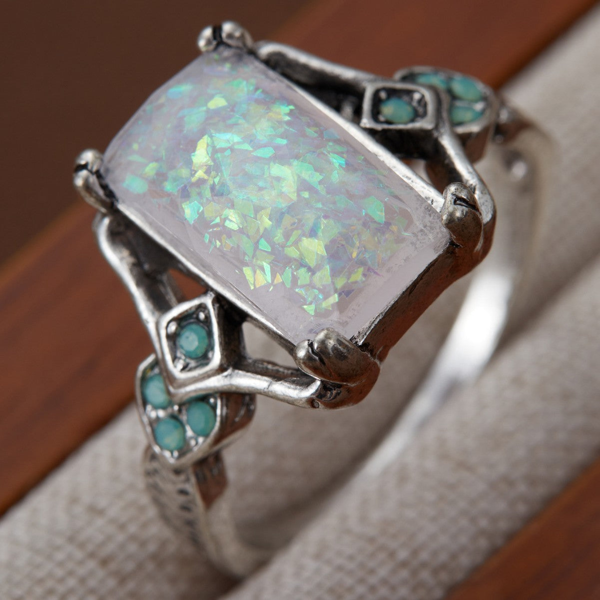Rectangular White Opal Ancient Silver Ring Ornament