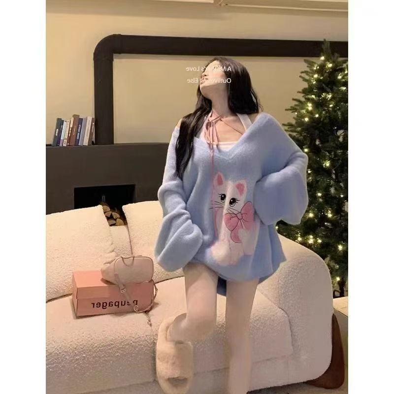 Cat Jacquard Artificial Mink Hair V-neck Sweater