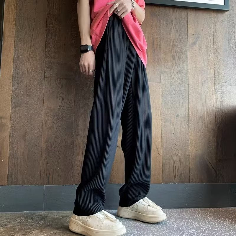 Sunken Stripe Pleated Ice Silk Men's Pants Summer Thin