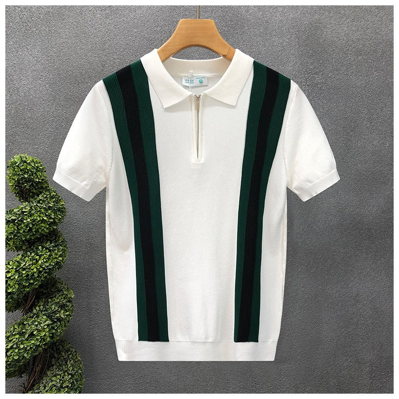 Contrast Color Lapels Half Zipper Knitted Short Sleeve