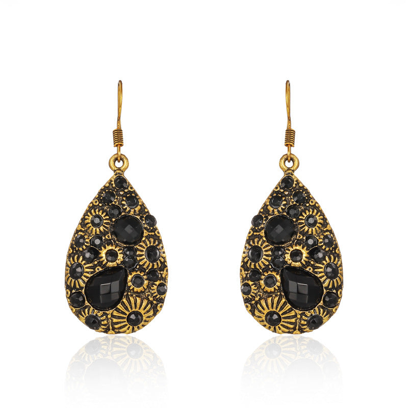 Water Drop Gem Diamond Ancient Ethnic Style Earrings Female Blue Black