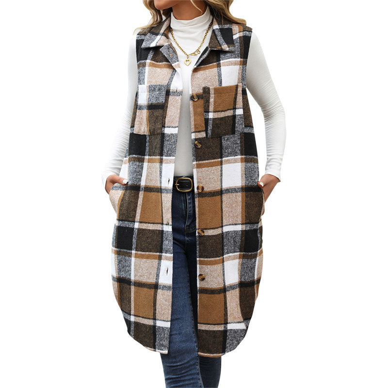 Women's Retro British Style Commute Leisure Lapel Long Plaid Coat