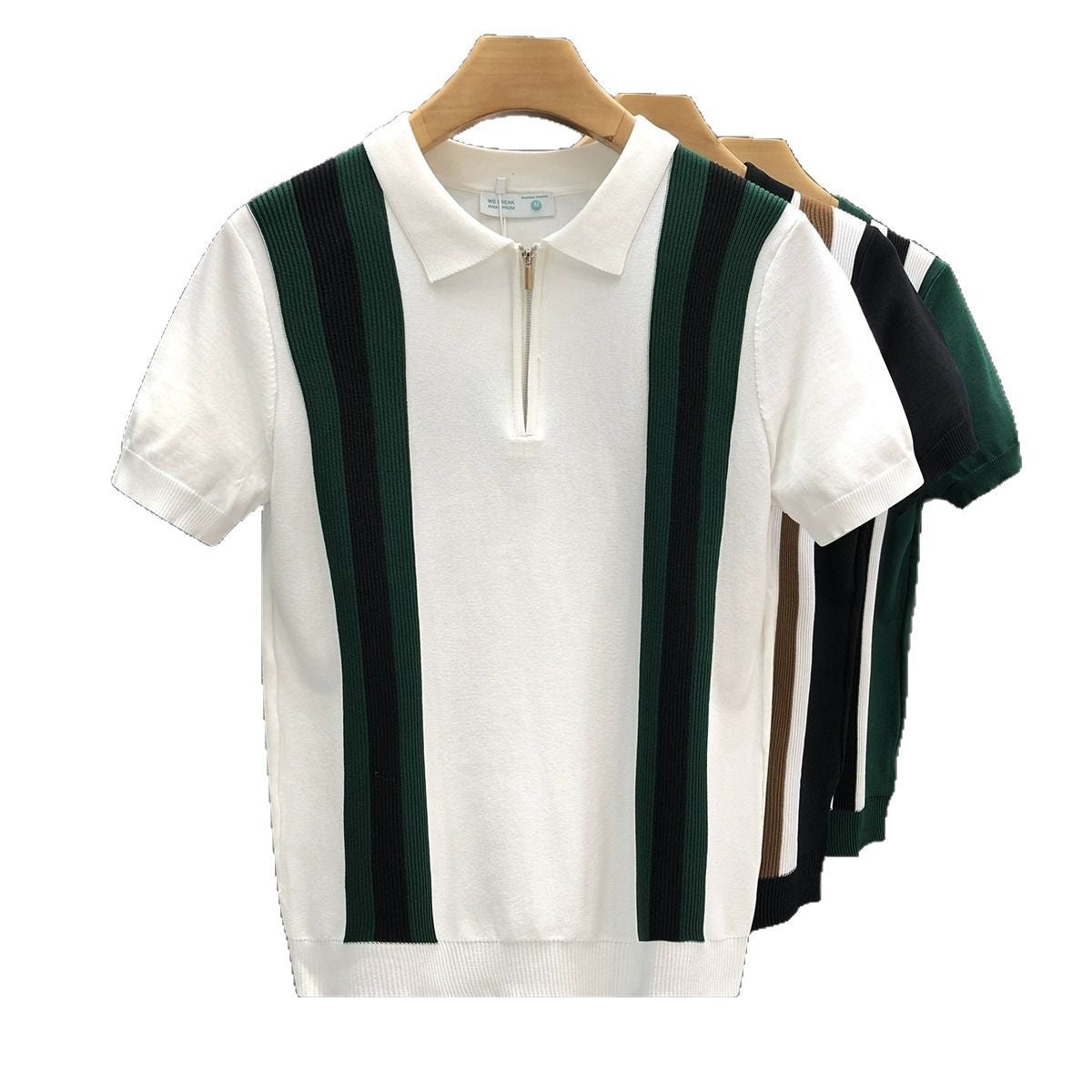 Contrast Color Lapels Half Zipper Knitted Short Sleeve