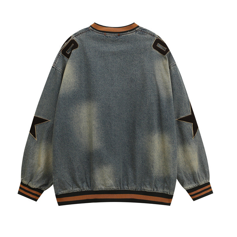 National Tide Five-pointed Star Letter Flocking Embroidered V-neck Denim Hoodie