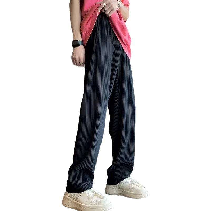 Sunken Stripe Pleated Ice Silk Men's Pants Summer Thin
