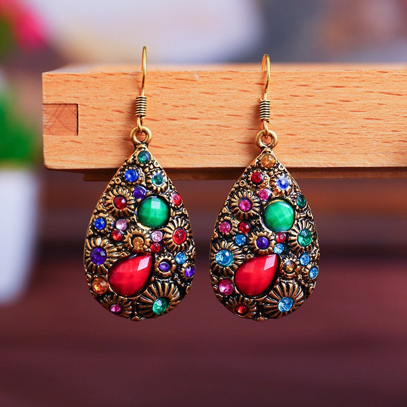 Water Drop Gem Diamond Ancient Ethnic Style Earrings Female Blue Black