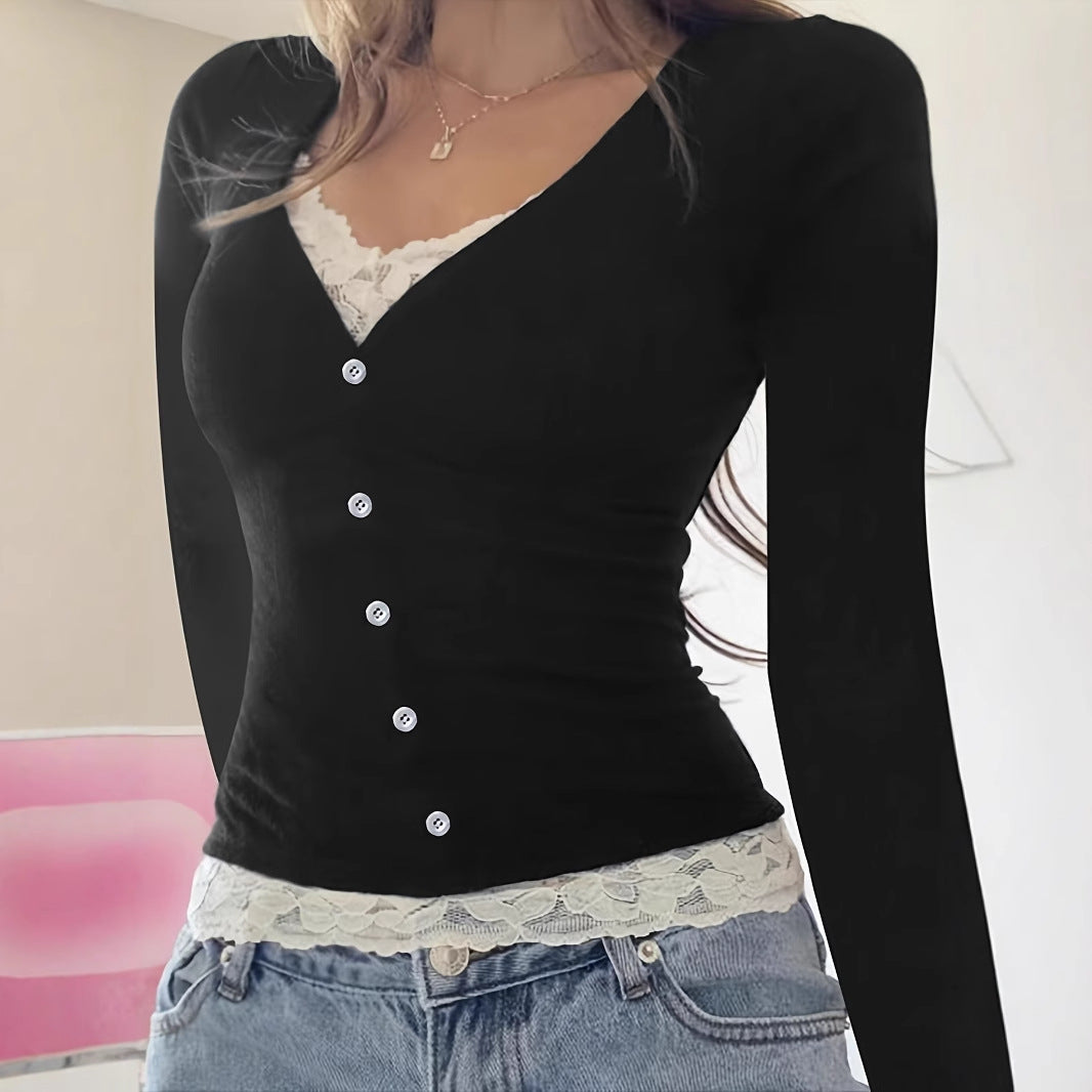 Fake Two-piece Lace Stitching Long-sleeved Women's Clothing