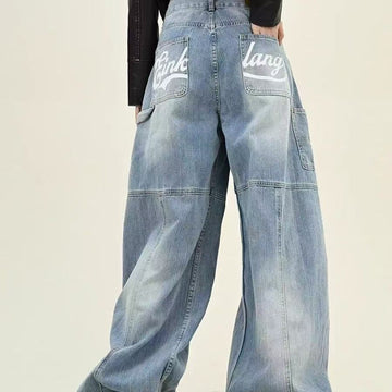 Washed Wide-leg Overalls Casual Straight-leg Long Pants American High Street Printed Jeans For Women