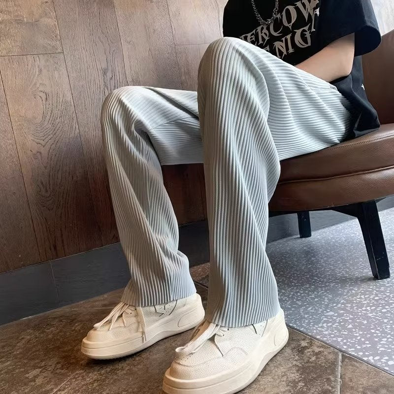 Sunken Stripe Pleated Ice Silk Men's Pants Summer Thin