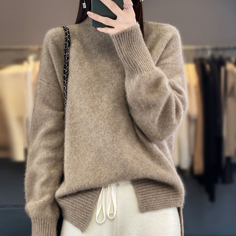 High Collar Drop-shoulder Sleeve Split Thick Sweater Women