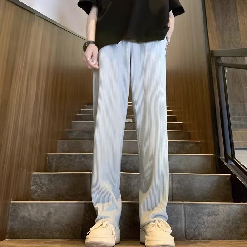 Sunken Stripe Pleated Ice Silk Men's Pants Summer Thin