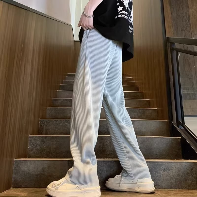Sunken Stripe Pleated Ice Silk Men's Pants Summer Thin