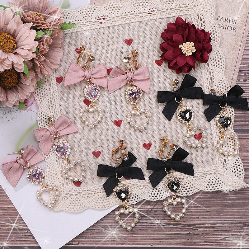 Japanese Style Sweet And Cute Bow For Cute Girl Rhinestone Earrings