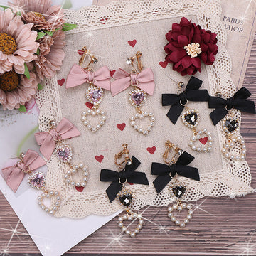Japanese Style Sweet And Cute Bow For Cute Girl Rhinestone Earrings