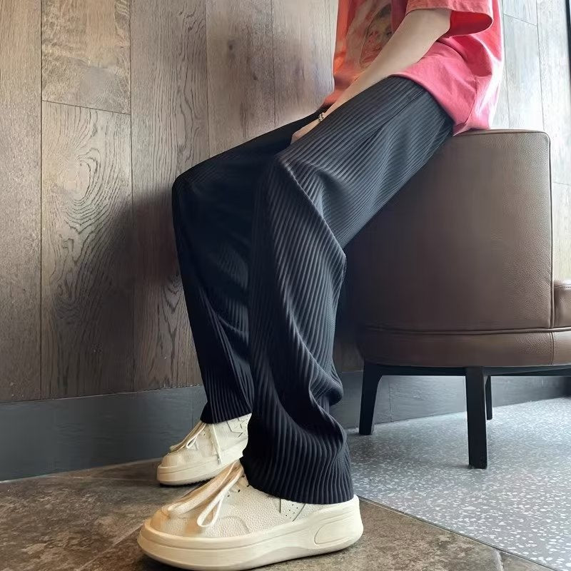 Sunken Stripe Pleated Ice Silk Men's Pants Summer Thin