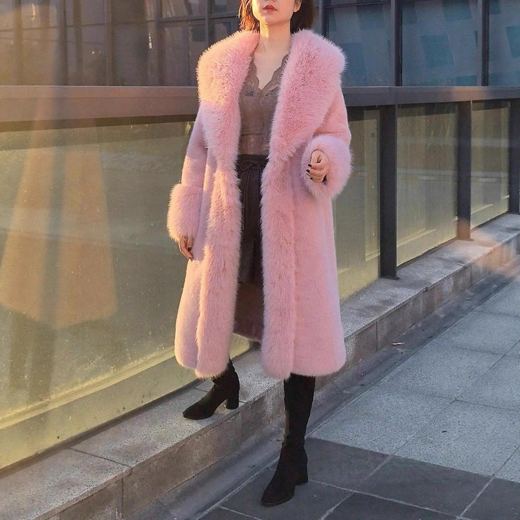 Women's Thick Faux Rabbit Fur Thick Mid-length Leather Fur Coat