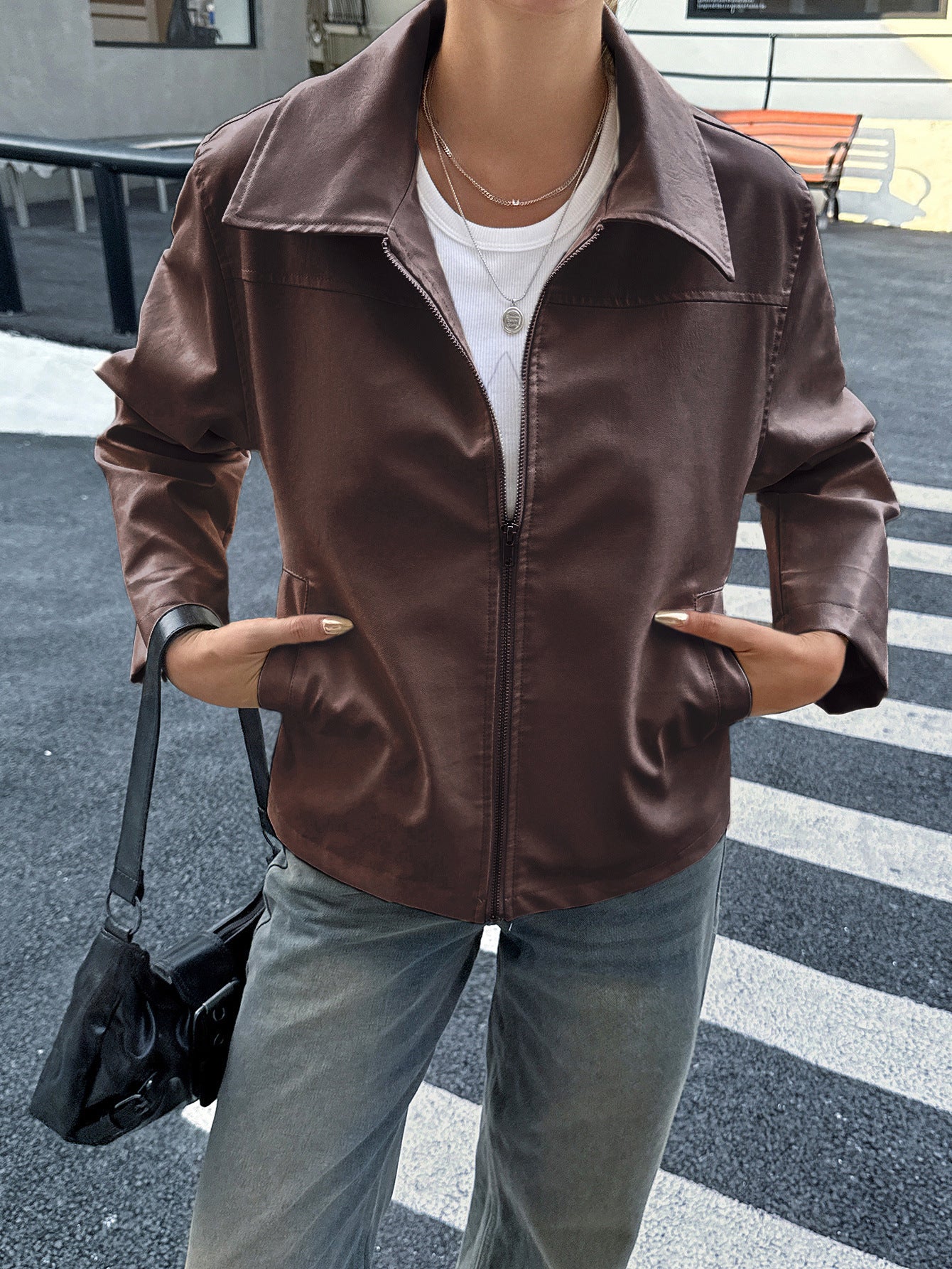 Long Sleeve Leather Coat Women's Clothing
