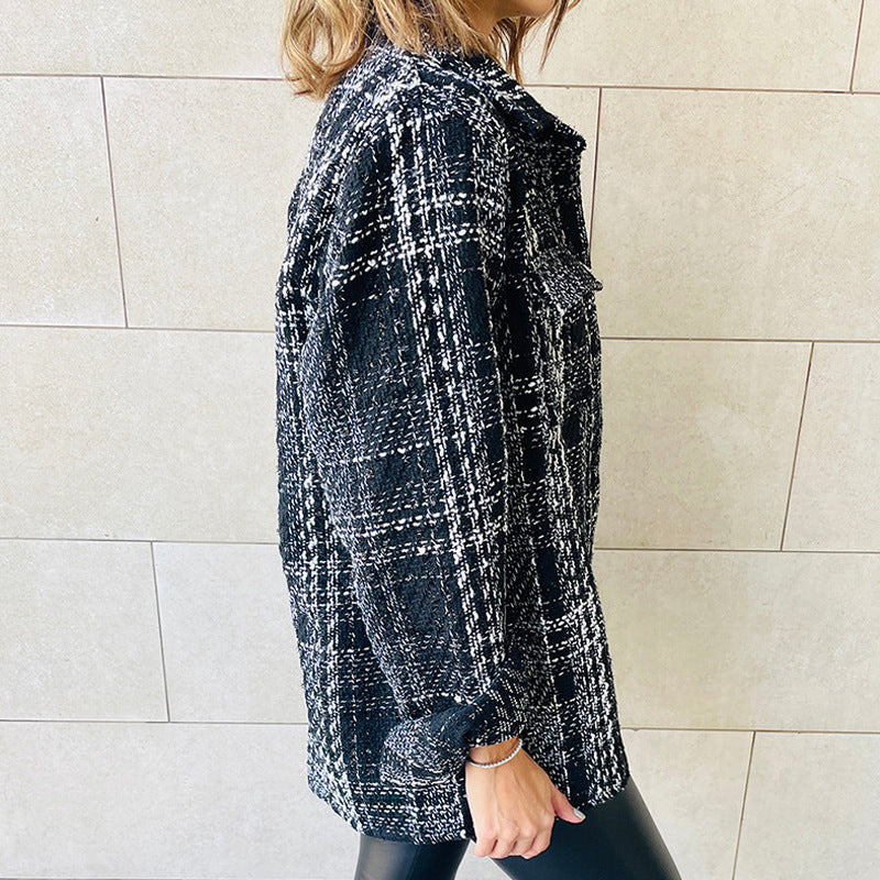 Women's Lapel Loose Button Long Sleeve Plaid Jacket