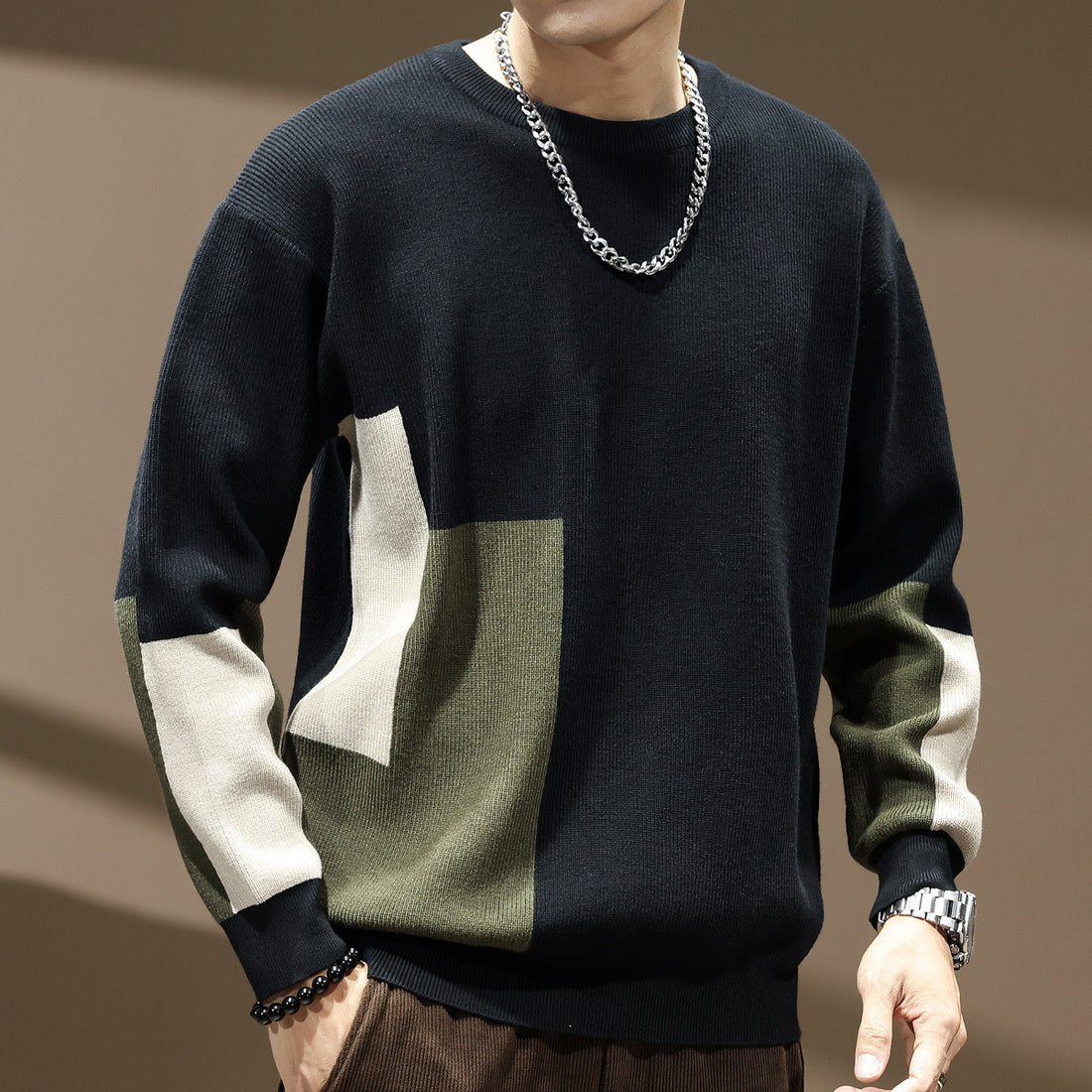 High Sense Color Contrast Patchwork Male Loose-fitting Oversized Sweater