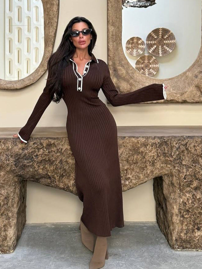 Women's Long-sleeved Lapel Contrast Color Knitted Fallwinter Sweater Dress