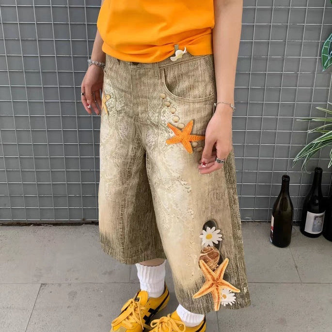 Women's American-style Retro Large Size Shell Cropped Pants