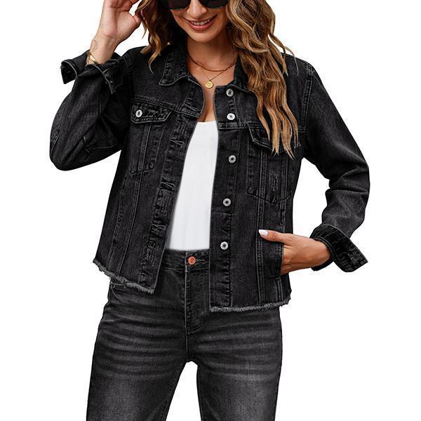 Female Solid Color Casual Embossed Denim Jacket Button Top