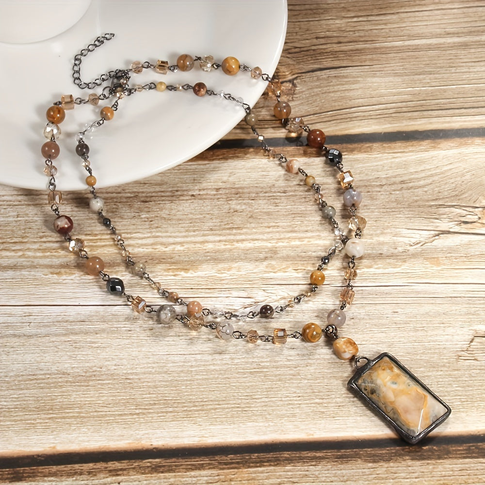 Natural Stone Glass Curved Needle Gun Black Chain 2-layer Necklace Square Cut Stone