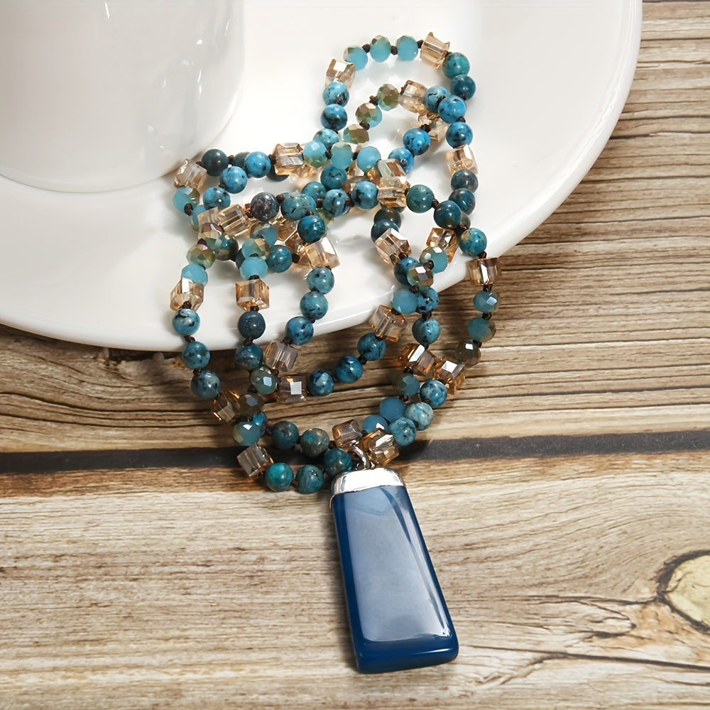 Bohemian Style Natural Semi-precious Stone Mixed Glass Square Agate Pendant Women's Sweater Chain