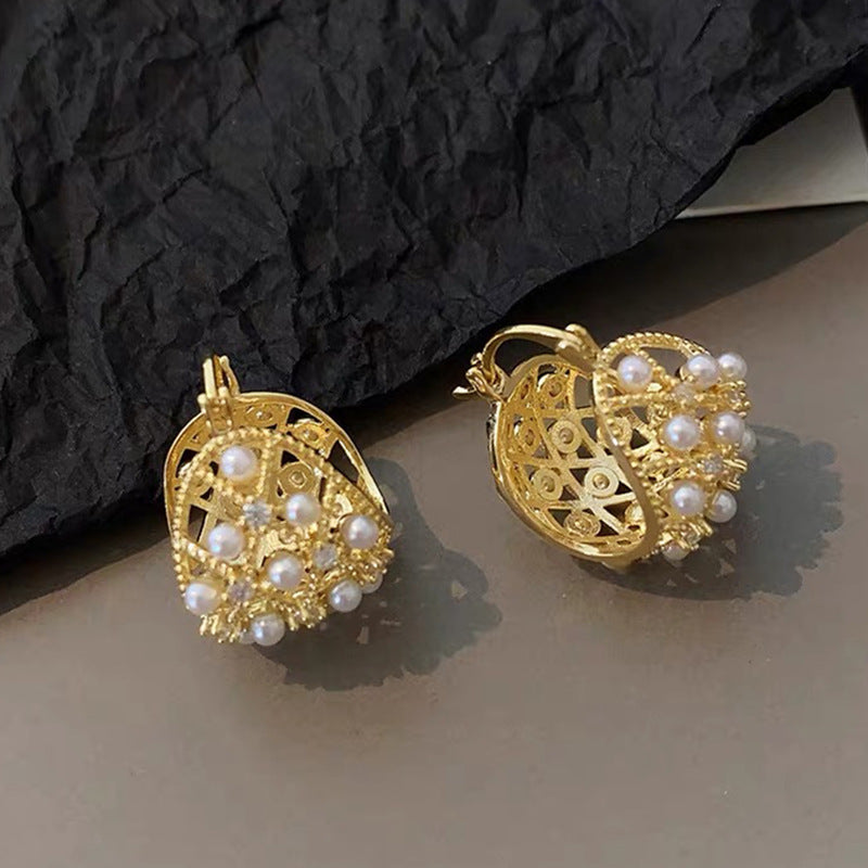 French Rhinestone Pearl Mesh Geometry Ear Clip