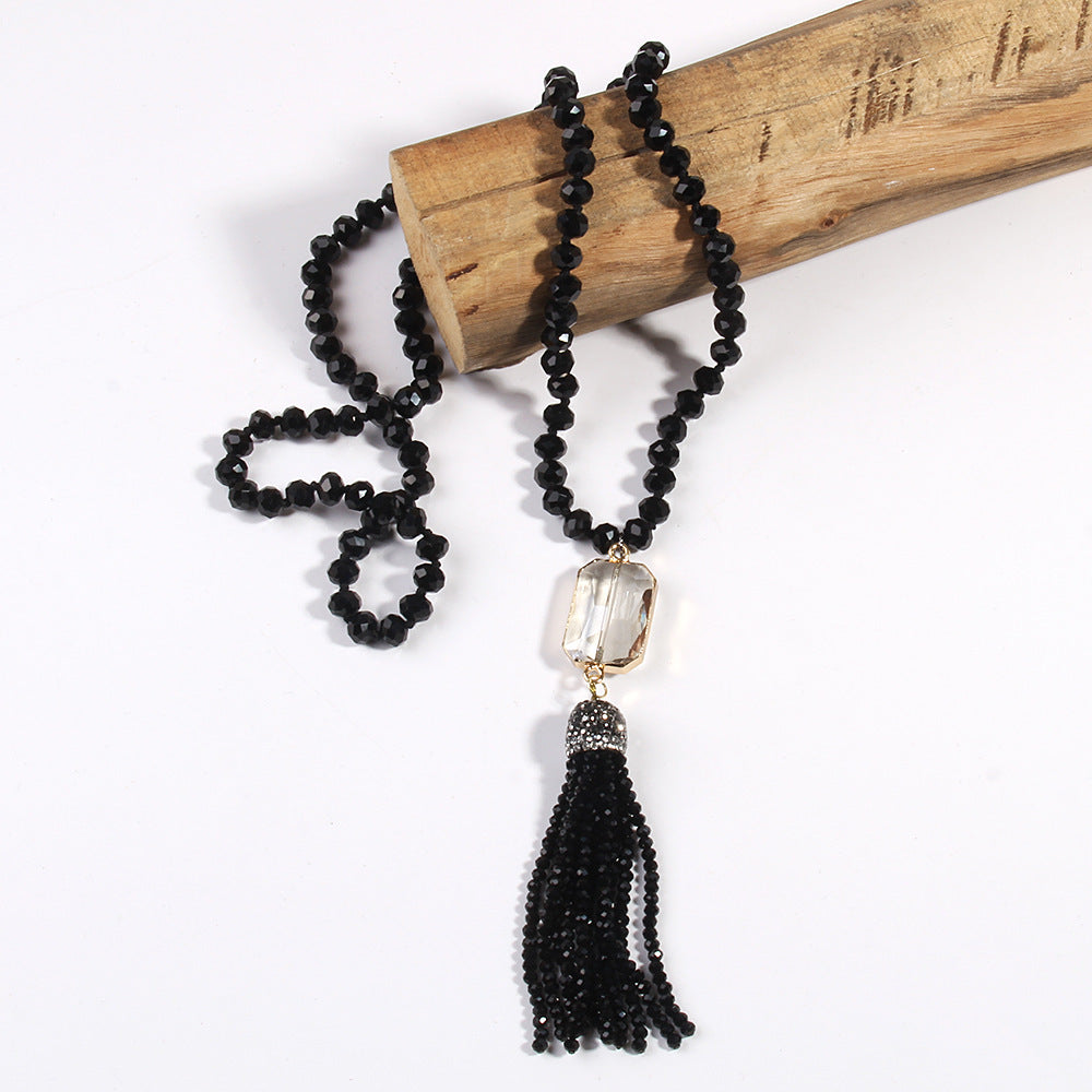 Crystal Glass Necklace Square Glass With Glass Tassel Necklace Sweater Chain