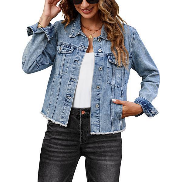 Female Solid Color Casual Embossed Denim Jacket Button Top
