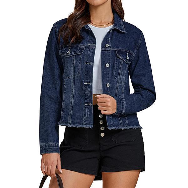 Female Solid Color Casual Embossed Denim Jacket Button Top
