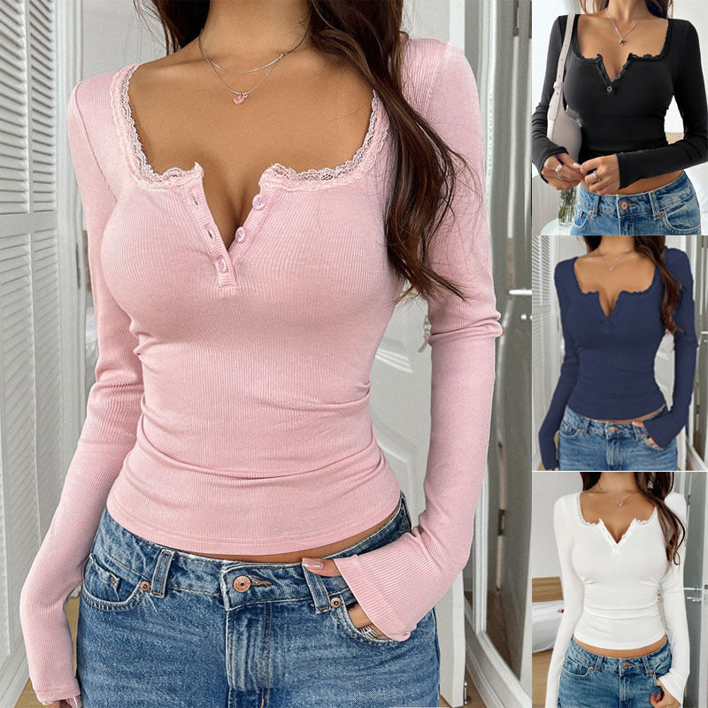Women's V-neck Fashionable Fitted Long Sleeve Top
