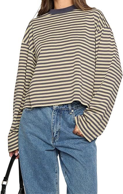 Casual Loose All-match Retro Contrast Color Striped Long-sleeved Top