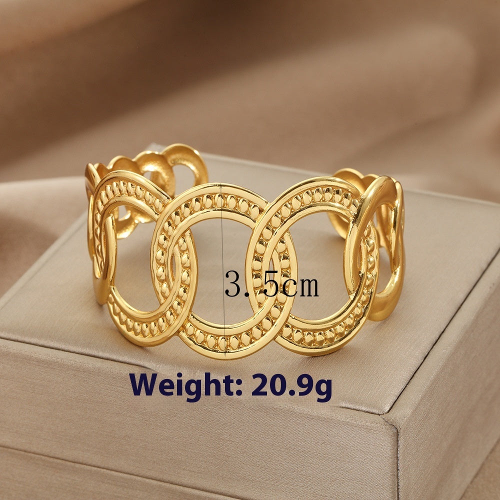 Stainless Steel Bracelet Lotus Shape Ring Large Glossy Stripes