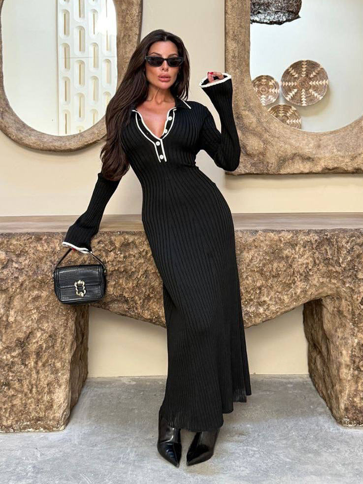 Women's Long-sleeved Lapel Contrast Color Knitted Fallwinter Sweater Dress