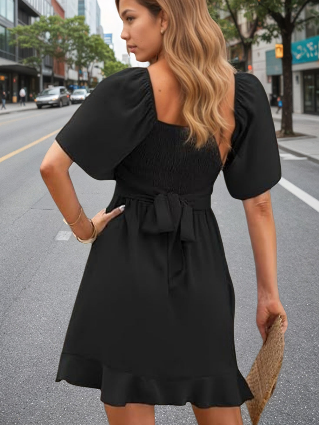 Lightweight Black Ruffled Hem Dress  Women's Flowy Mini Dress For Spring Summer Vacation