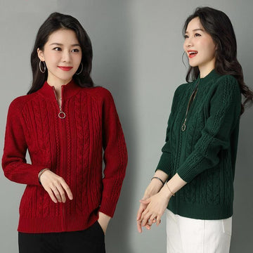Women's Solid Color Zipper Sweater Loose Long Sleeve Jacket
