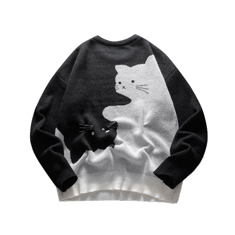 Men's Cat Pattern Round Neck Knitted Sweater