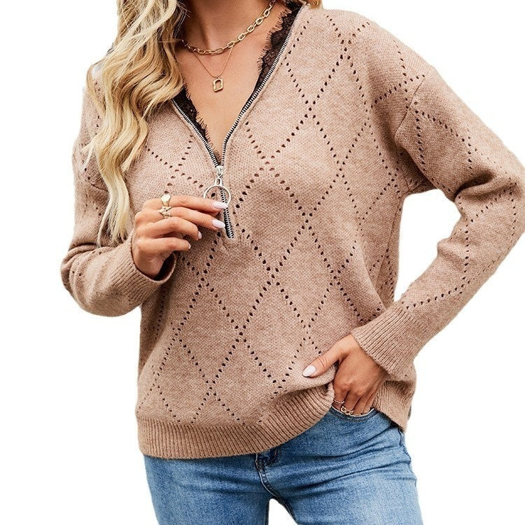 Women's Hollow Zipper Half Cardigan V-neck Lace Pullover Outerwear Sweater